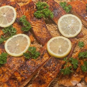 Blackened Salmon, Cajun rice & broccoli kid