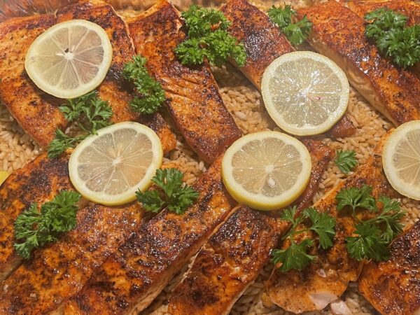 Blackened Salmon, Cajun rice & broccoli kid